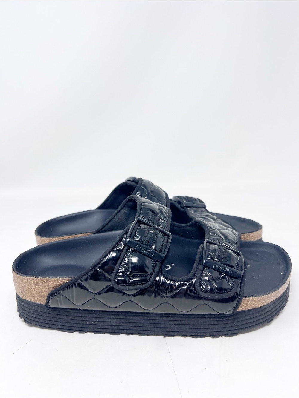 BIRKENSTOCK PAPILLIO ARIZONA BLACK TWO STRAP QUILTED PLATFORM SANDALS SZ 38/7